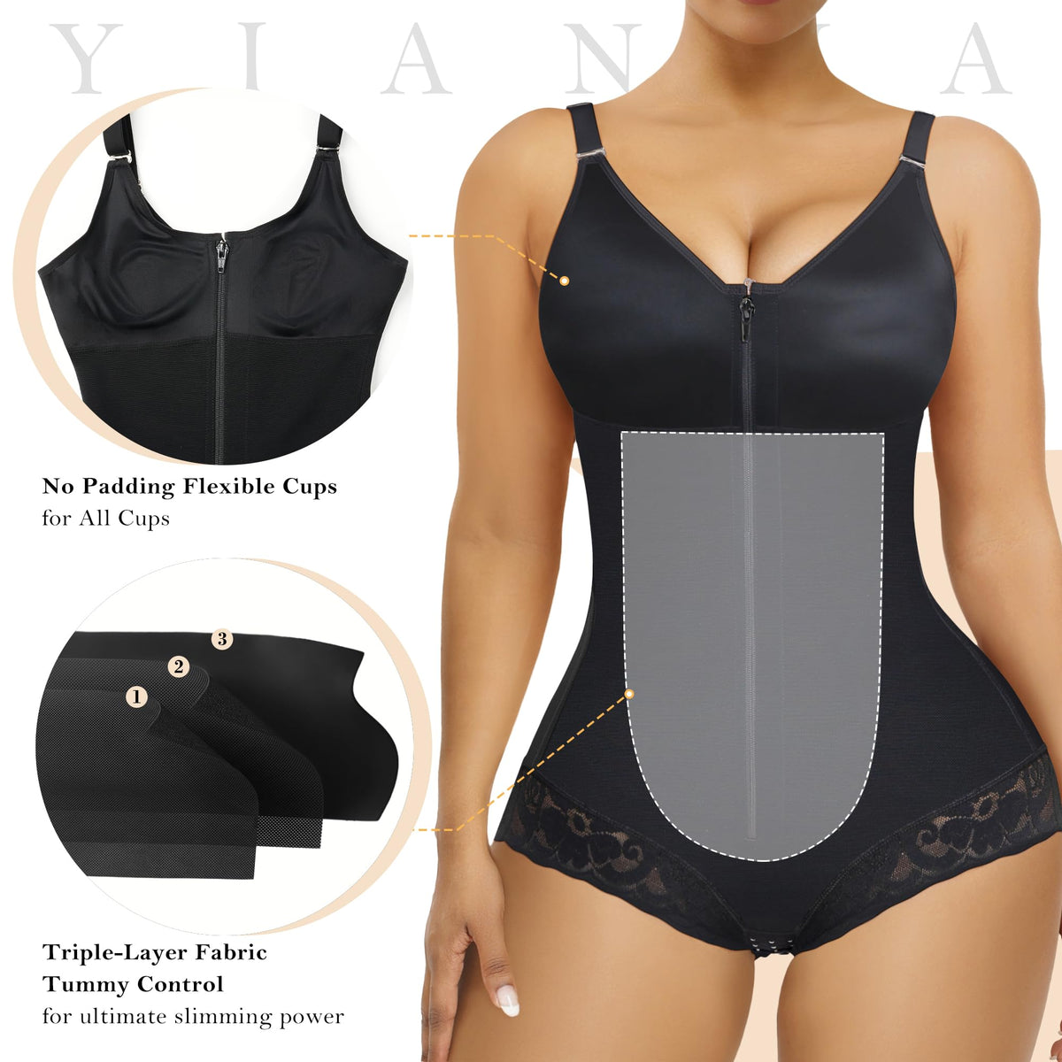 Side Bust Padded Front Zip Brief Cut Bodysuit