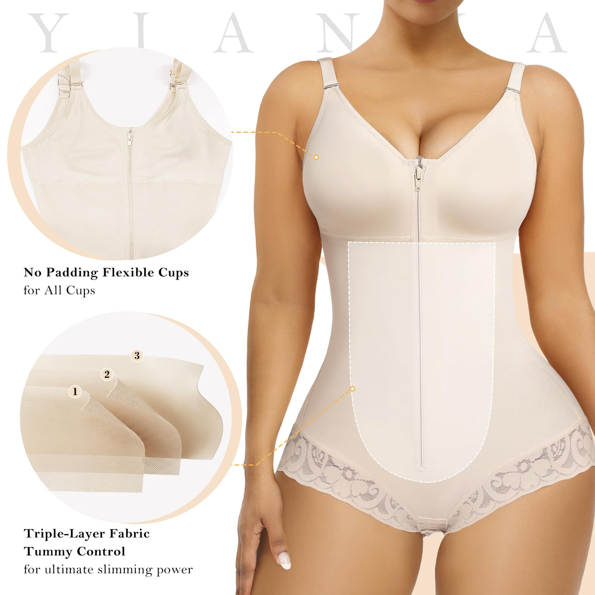Side Bust Padded Front Zip Brief Cut Bodysuit